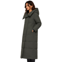 Manteau long matelassé pour femme avec logo personnalisé, couleur olive foncé, col asymétrique à revers, boutons-pression, coupe-vent, doudoune d'hiver pour femme