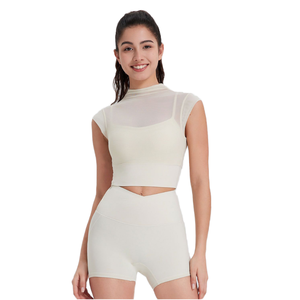 Logo personalizzato 2 in 1 costruito in reggiseno da donna Crop Top in Mesh traspirante collo alto lusso vestito Y2k Pilates Yoga Wear t-shirt da donna - Product Image 2