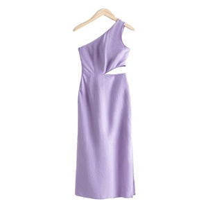 Vestidos de Rayón MANNI, <span class=keywords><strong>Vestido</strong></span> Color <span class=keywords><strong>Lila</strong></span> <span class=keywords><strong>Morado</strong></span>, Un Hombro Descubierto, Sin Mangas, Corte Midi, Vestidos Casuales de Verano <span class=keywords><strong>para</strong></span> <span class=keywords><strong>Mujer</strong></span>, Servicio OEM - Product Image 3