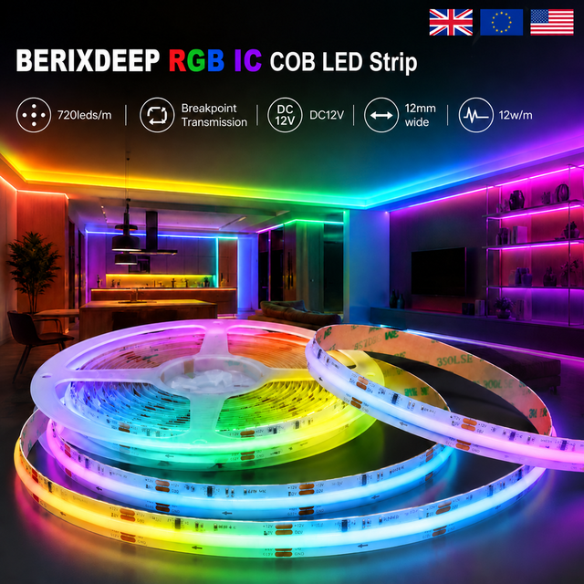 RGB IC 720leds/m 12V 12mm COB LED Strip Breakpoint Transmission Smart Magic Color Dynamic WS2811 Addressable for TV Background