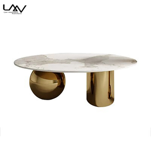 Set di Tavolini da Caffè Moderni di Lusso con Struttura in Metallo e Piano in Ardesia, Tavolino Rotondo Dorato per Hotel e Soggiorno - Product Image 6