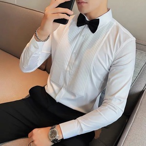 Nuova <span class=keywords><strong>camicia</strong></span> da <span class=keywords><strong>uomo</strong></span> a maniche lunghe alla moda abito plissettato alla moda alla moda Slim Fit leviga la Silhouette per le prestazioni del pranzo di nozze - Product Image 1