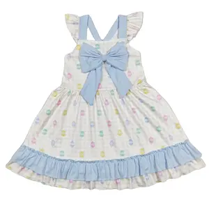 Toptan çocuklar paskalya yumurtaları mavi tek parça çocuk bebek yürüyor bahar yay fırfır elbise bebek kız diz boyu pamuk elbise