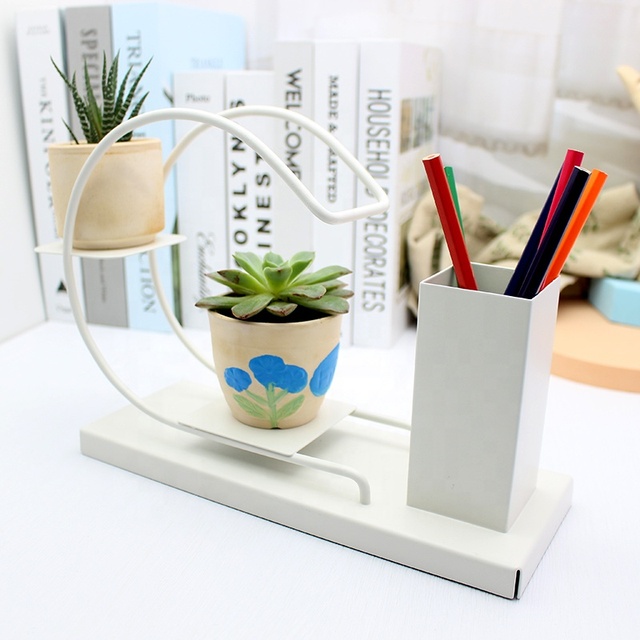 2023 New Arrivals Decorative Accessories Desktop White Pen Container Green Plant Display Rack for Home Office Decoration