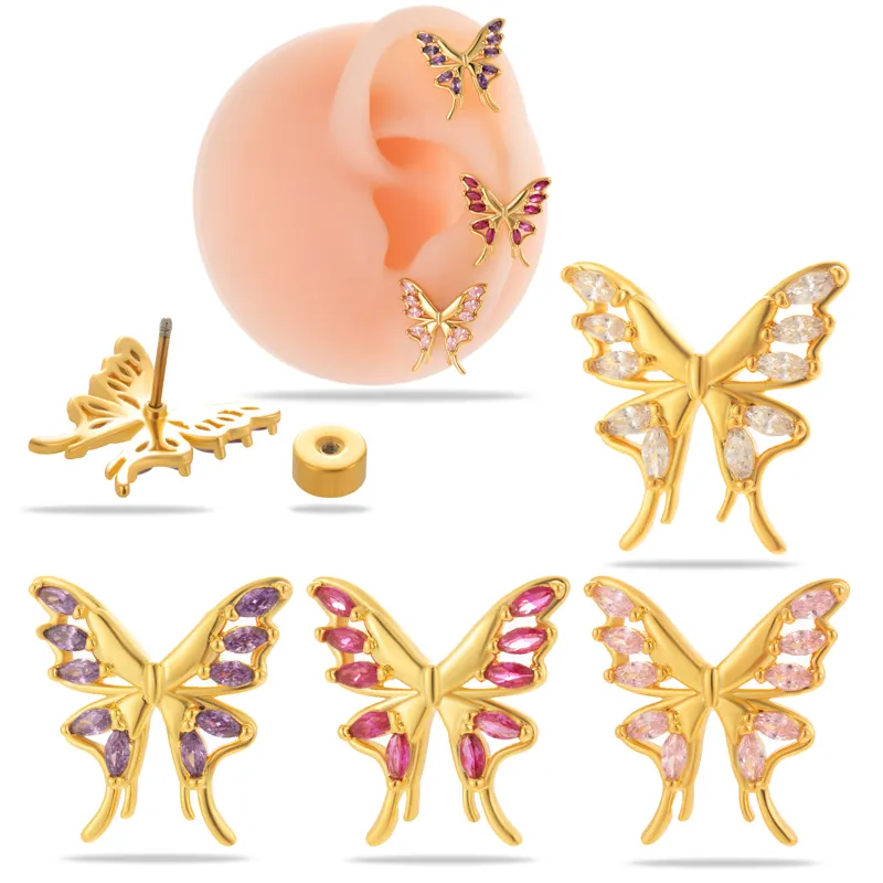HENGSEN anting-anting kancing belakang sekrup tulang rawan helix kupu-kupu lucu zirkonia kubik bening merah muda ungu perhiasan tindik telinga unik