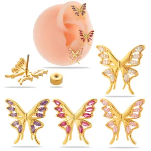 HENGSEN Pink Purple Clear Cubic Zirconia Cute Butterfly Helix Cartilage Screw Back Stud Earrings Unique Ear Piercing Jewelry