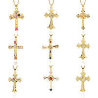 Kalung Salib Batu Permata Multiwarna Gaya Retro Baroque OEM, Anti Air, Liontin Religius Kristen, Grosir