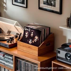 Retro Wooden Record Rack Solid Wood Bookcase For Vinyl <b>CD</b> Display Home Storage Organizer Cabinet With <b>Shelves</b> And compartments - Product Image 4