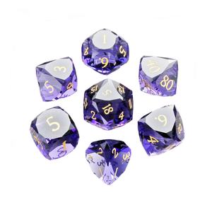 Purple Gemstone <span class=keywords><strong>Prism</strong></span> Glass Dice Set, Gravado Sharp Edge Polyhedral DnD Dice, Conjunto 7PCS com Metal Tin Box Package - Product Image 1