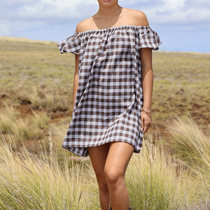 High-quality Summer Hawaiian Plaid Print Off-shoulder <strong>Elasticated</strong> <strong>Dress</strong> Custom Breathable Rayon Mini <strong>Dress</strong> - Product Image 4
