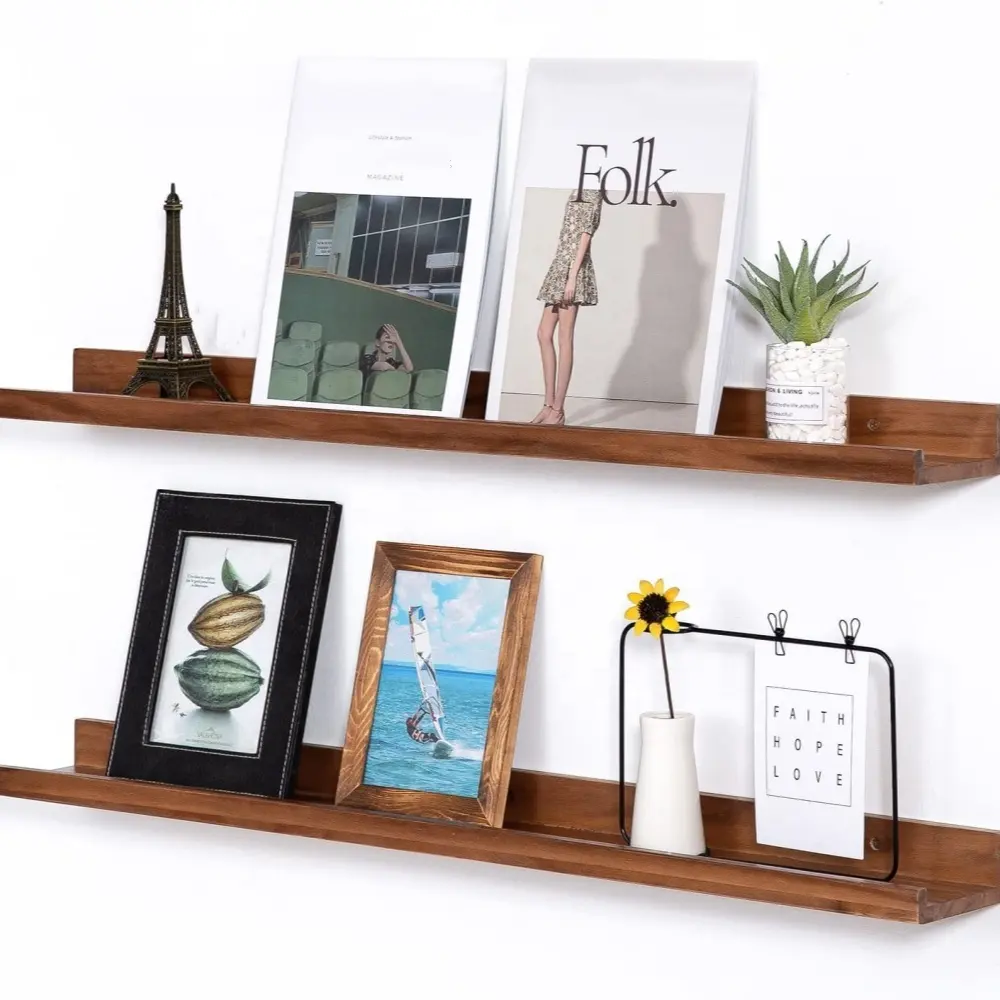 Set of 2 Wood Wall Floating Shelves for Wall Bookshelf Wall Mount Picture Photo Frames Display Rack