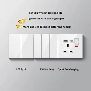 초박형 13A 다기능 USB + C 월 소켓 2 포트 영국 표준 크로스 보더 화이트 강화 유리 스위치 패널 이중 체인 - Product Image 2