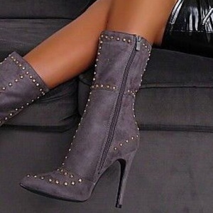 Botas de media caña para mujer con remaches, tacón alto y fino, punta afilada y cremallera lateral, talla grande 47 - Product Image 3