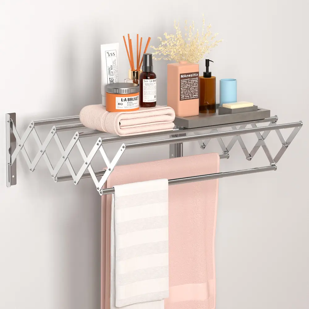 Stainless Steel Wall Mounted Retractable Towel Shelf with Clothes Hook Bathroom Adjustable Laundry Drying Rack Towel Rack