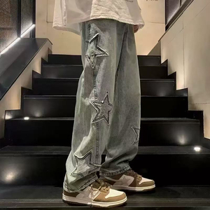 <span class=keywords><strong>Jeans</strong></span> da <span class=keywords><strong>Uomo</strong></span> a Gamba Dritta e Larga con Ricamo a Stella Colorata, Pantaloni in Denim Stile <span class=keywords><strong>Boyfriend</strong></span> Casual High Street - Product Image 4