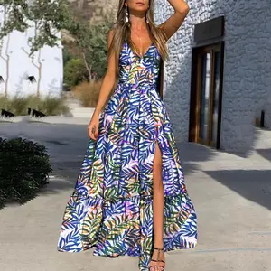 Beach Resort Style Sexy Open Sleeveless Print V-neck Maxi Dress Women