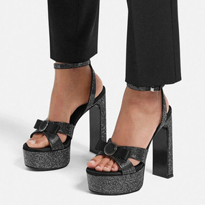 Sandales à plateforme épaisse pour femmes, talons hauts et épais, lanières à la cheville, nœud avant, chaussures d'été ornées de diamants, couleurs personnalisables - Product Image 3