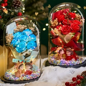 Hot Sale Soap Flowers Acrylic/Glass Cover Led for Valentine's Day Gift <b>Artificial</b> Soap Rose <b>Bouquet</b> in Glass Dome - Product Image 6