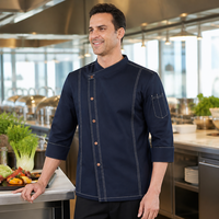 Veste de chef personnalisée en polycoton à manches 3/4, patte de boutonnage asymétrique, uniforme de chef de restaurant avec surpiqûres contrastées