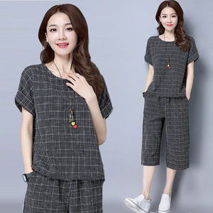 Women's Plaid Two-Piece Set Short Sleeve Top Wide Leg Pants Casual Wear Plus Size Gray Black Polyester Woven - Product Image 2