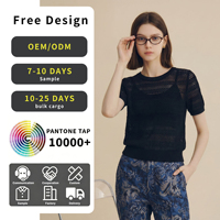 T-shirt minimaliste noir uni en maille à œillets en V pour femme, texture ajourée segmentée, manches courtes, chemisier décontracté