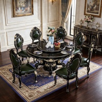 Luxuriöses Europäisches Rundes Massivholz-Esszimmer-Set mit Schwarzer Marmorplatte und Drehbarem Serviertablett, Grüne PU-Lederstühle für Villen, Großhandel