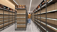 Ensemble complet d'agencements de magasin avec rayonnages gondoles, présentoirs et comptoirs de caisse