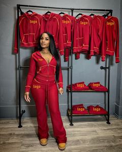 Set da <span class=keywords><strong>donna</strong></span> con Logo personalizzato 2 pezzi lavorato a maglia con motivo a cialde a maniche corte con cappuccio a righe e pantaloni a campana sopra il ginocchio - Product Image 1