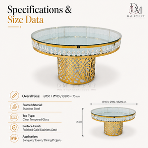 Table de banquet ronde en acier inoxydable doré avec base en treillis et plateau en verre trempé miroir, vente en gros - Product Image 4
