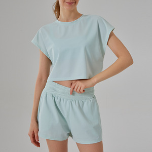 Aoyema, cintura elástica y ensanchada con forro interior ajustable, ropa deportiva de manga <span class=keywords><strong>corta</strong></span>, conjunto deportivo para correr - Product Image 4