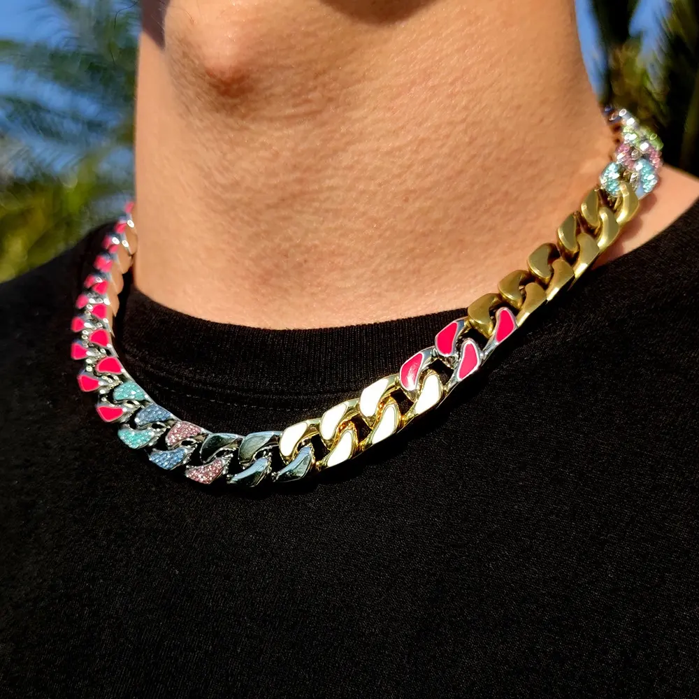 Veromca Hip Hop Men Cuban Necklace Colorful Diamond Chain Four Sided Polished Copper Necklace
