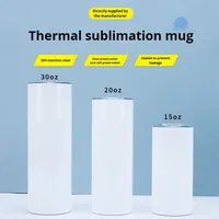 Gobelets fins à double paroi de 20 oz, blancs pour sublimation, mugs en acier inoxydable avec paille et fond en caoutchouc
