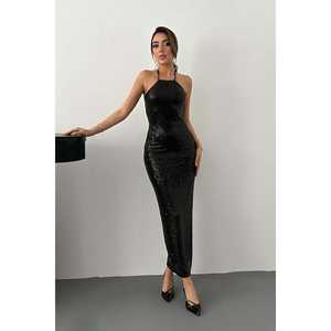 Robe de cocktail élégante noire dos nu à sequins, col licou, moulante, sans manches, taille naturelle, 100 % polyester - Product Image 6