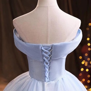 Off The Shoulder Tulle Ball Gown Light Blue Floral Print Empire Waist Evening Dress For Spring Summer Events - Product Image 4