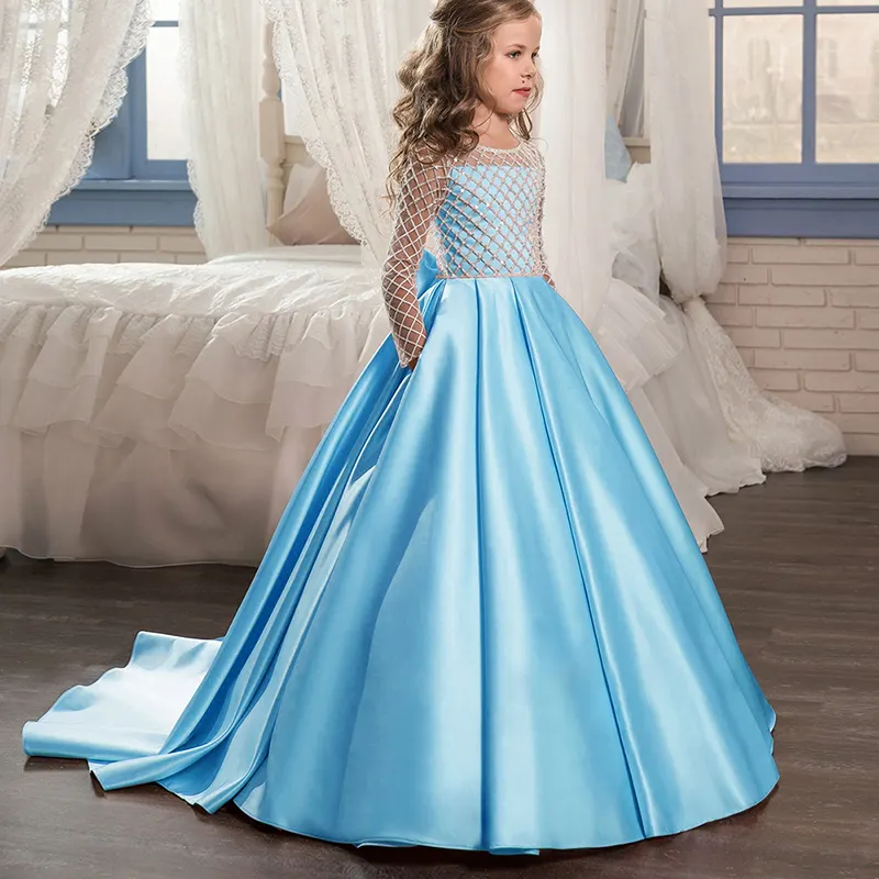 light blue long sleeves with train muslim flower girls dresses