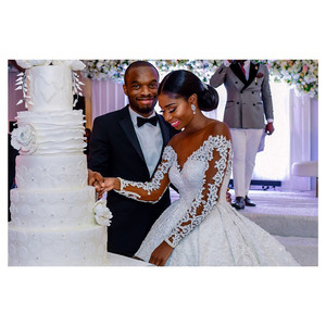 White Lace Ball Gown Wedding Dress V-Neck Long Sleeve Vintage Style With Train Natural Waistline - Product Image 3