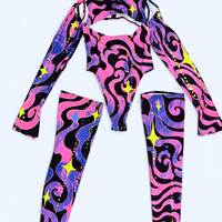 OEM ODM Personnalisé Monokini sexy à manches longues et découpes avec ensemble de leggings, Tenue pour le Lundi du Carnaval de Trinité, Vente en gros, Vêtements de festival et de rave