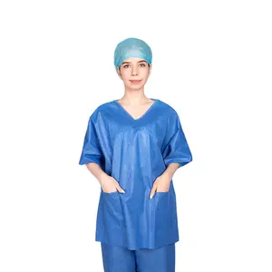 Single Use Non Woven SMS Knitted Cuff Lab Shirt Unisex Disposable Scrub Suit Hospital Uniform