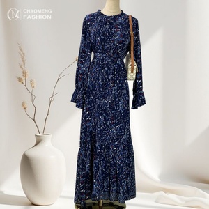 6434# Fashion Floral Flare Chiffon Abaya Dress Long Sleeve Elegant Women's A-line Dresses With Full Lining - Product Image 2