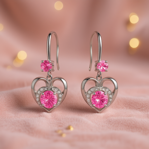 E1231 Orecchini pendenti a forma di cuore con diamanti rosa, montatura in argento 925, gioielli romantici da sposa per donna - Product Image 2