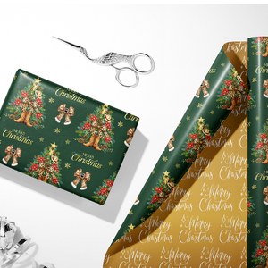 Papel de regalo navideño con estampado dorado de doble cara, rojo y azul, con diseño de campanas y árboles de Navidad, estilo novedoso para Navidad. - Product Image 3