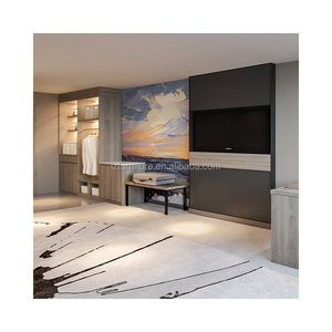 Ensemble de chambre double pour hôtellerie commerciale : Lit en bois grainé avec tête de lit capitonnée et table de chevet pour chambre standard d'hôtel économique - Product Image 3
