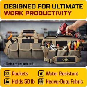 Échantillon gratuit de petits sacs à outils robustes pour hommes/femmes. Sac à outils à large ouverture, petit modèle. 22 poches - Product Image 3