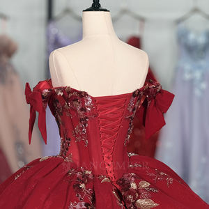 Vestido de Quinceañera Rojo Jancember 6939, Vestido de Gala con Lentejuelas, Vestido de Novia Color Vino, Lazo, Dulce 16, Fiesta de Cumpleaños, Banquete, Evento - Product Image 6