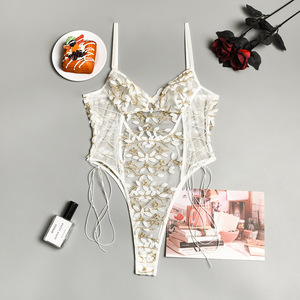 Nuovo Body Sexy Trasparente 2022 per Ragazze, Completo Bianco con Fasciatura, Body in Rete Trasparente con Ricamo Floreale, Lingerie - Product Image 4