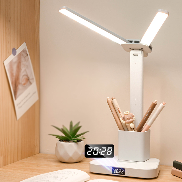 Modern Double-Headed LED Night Light Rechargeable ABS Body Folding Clock Lamp Square Brightness Table Desk Lamp for Home Use