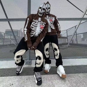 Streetwear pantaloni della tuta in cotone da uomo Custom teschi toppa Patchwork ricamo pantaloni in pile impilati felpe uomo - Product Image 3