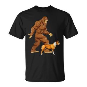 Camiseta con estampado de American Staffordshire Terrier Walking Bigfoot Sasquatch - Product Image 1
