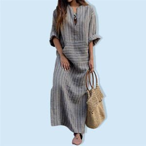 2025 nouvelle <span class=keywords><strong>robe</strong></span> longue ample rayée en fil de coton et de <span class=keywords><strong>lin</strong></span> teint pour femmes avec poche - Product Image 2