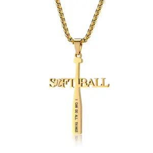 2023 custom stainless steel sports jewelry silver softball bat necklace inspirational quotes cross pendant necklace for women